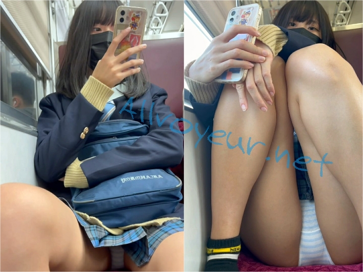 minisuka33 JK盗撮日記33 青チェックミニスカ美脚JKを電車内BOX席で盗撮【※隣で友達が寝てるのにM字開脚で見せつけ・カメラ目線撮影バレ