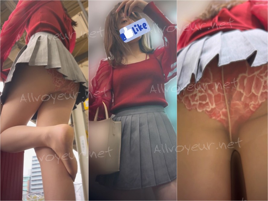 綺麗なお姉さんの真っ赤なパンティがストッキング越しに丸見え ...