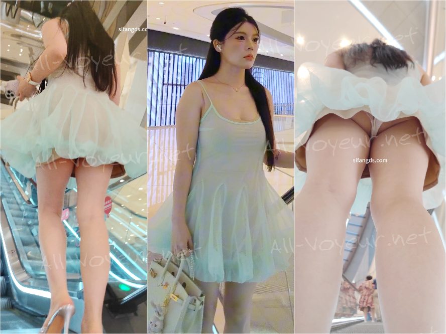 【CSCD】绿色连衣裙高跟大胸美女，白色蕾丝内内