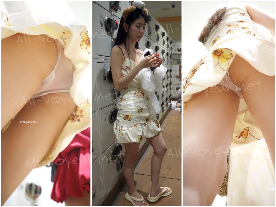 レースのドレスを着た少女は何度も前かがみになり、スカートを隠して身を守ろうとしていたが、現行犯で捕まった。