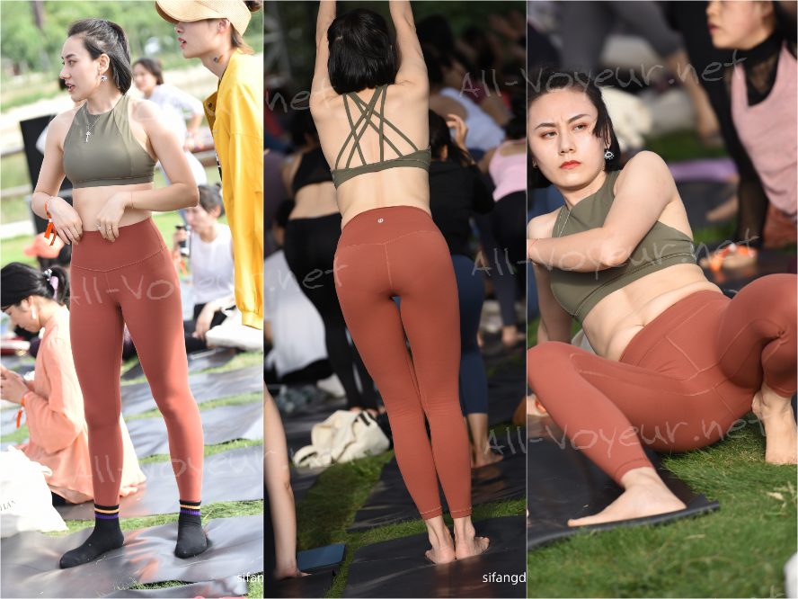 成都富婆少妇户外瑜伽活动 骆驼趾 瑜伽裤变透高清原图