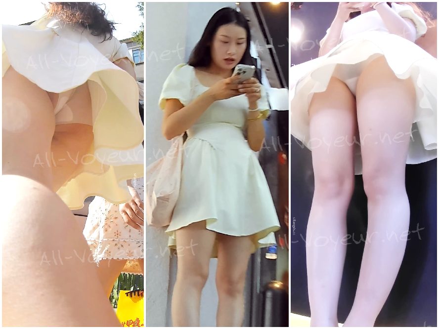 『D D』-098-米色连衣短裙,肉感大腿,浅蓝半透明内