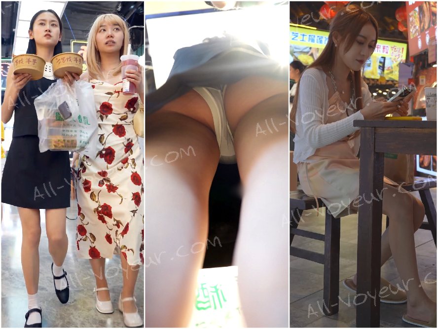 スナック街、黒スカートの女性の下着はお尻の割れ目の真ん中に半分挟まっていて、濡れて露出した毛。頭を下げたら見つかるところだった❤️ピンクのサスペンダースカートの美女は、細いレースの下着をはいて、前の毛がはみ出ている