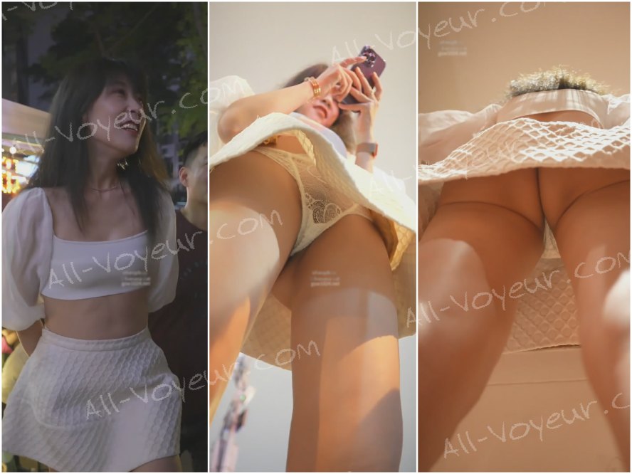 夜市の隠し撮り❤️脚が長くて曲線美の体型が驚くほど美しい女性が、演出された写真のようなシースルーのゆったりとしたミニスカートをはいている❤️水色のホルターネックのドレスを着た美しい女性が、半透明の下着で性器をさりげなく見せながら散歩している。