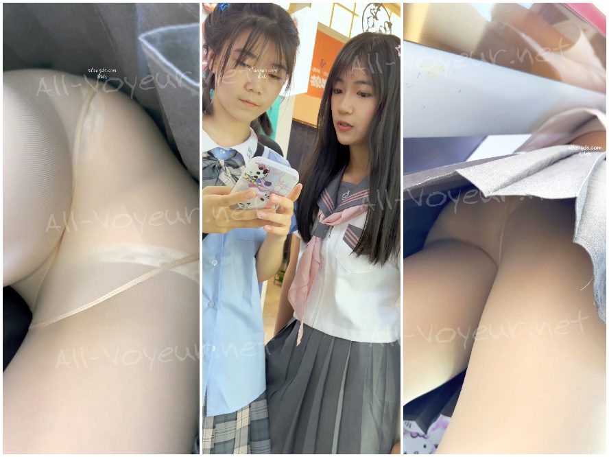 制服姿のJK女子高生がクラスメイトと買い物中。肌色のストッキングと薄い色の下着（前面と背面）