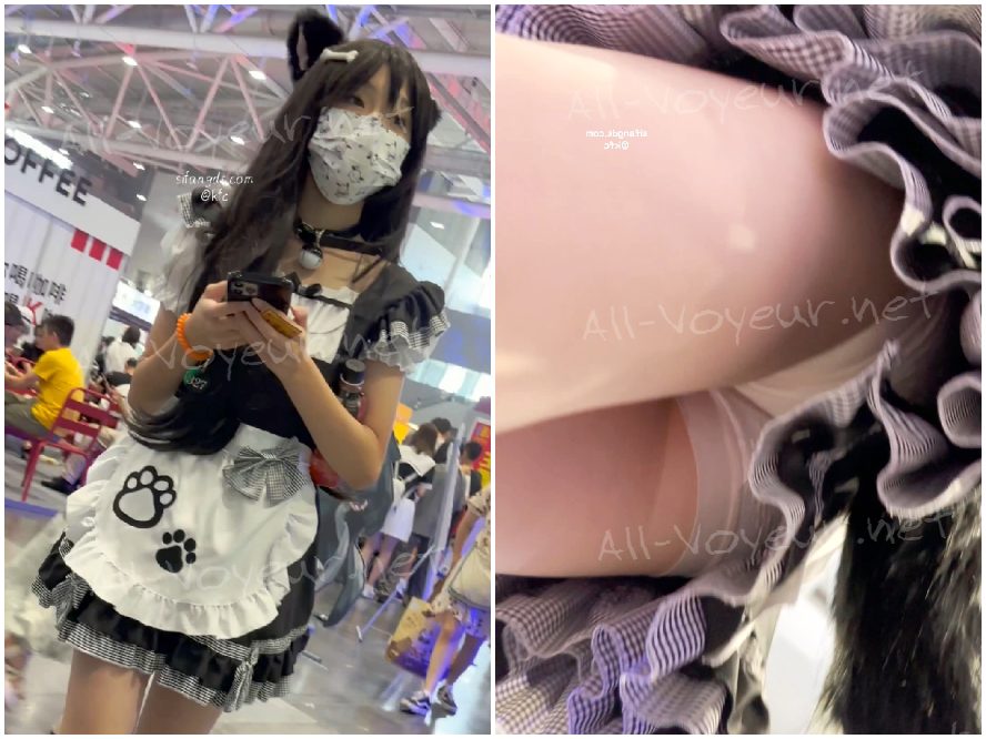 [KFC] 青いドレスを着た美しい女性がボーイフレンドと一緒に買い物に出かけます。ローアングルで黄色い下着が映っています。