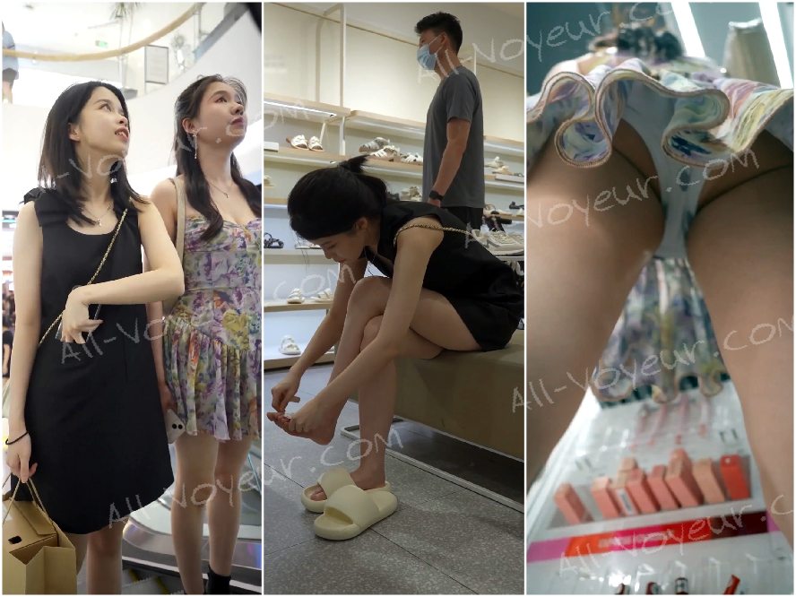 定価39元❤️ 親友二人が一緒に買い物をしていたところ、黒いワンピースを着た女性が現行犯逮捕されました。紫の花柄の裏地から、彼女のお尻の深いシワが露わになりました。