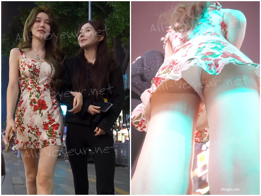 うさ耳の警官制服を着た女の子が買い物中…自撮りをするためにしゃがんだら下着が露わになった。