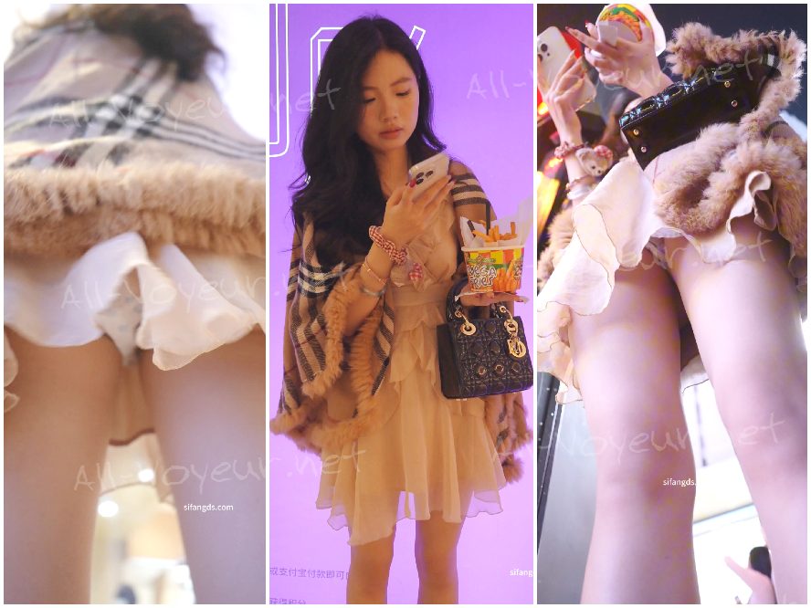 レースのドレスを着た美しい女性が、2人の男性とのデートへとスムーズに移行します。少し透け感のある水玉模様のランジェリーにCDが添えられています。