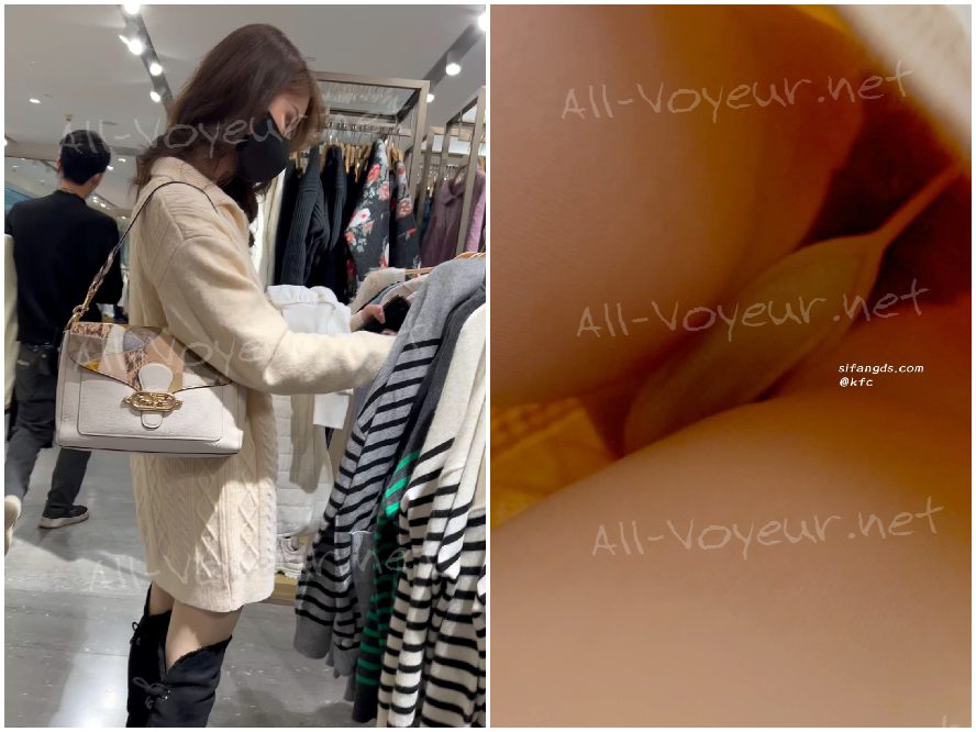 ロングドレスを着た美しい女性が服を買い物している。彼女は肌色のストッキングを履いており、低いアングルでカメラの上を歩いている。