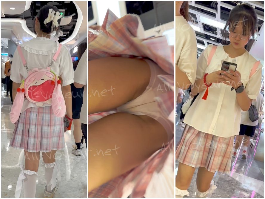 短いスカートをはき、シースルーのストッキングと極薄の白い下着を身につけて買い物をする女子高生2人組 – 一石二鳥！