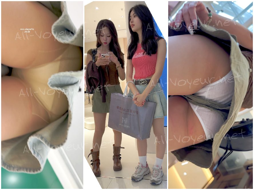 短いスカートをはき、シースルーのストッキングと極薄の白い下着を身につけて買い物をする女子高生2人組 – 一石二鳥！