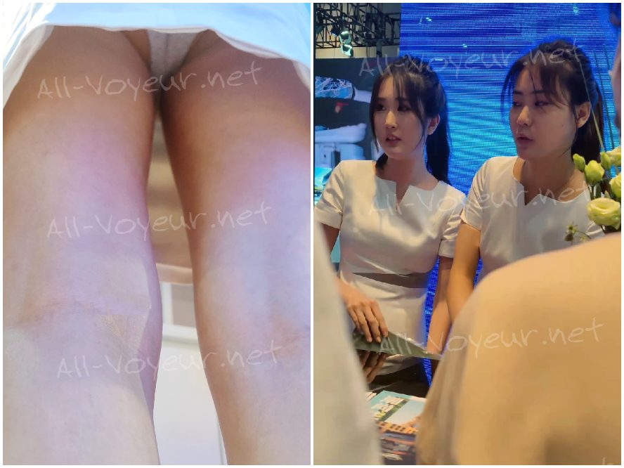 私は自動車ショーで2人の女性係員を捕まえた。1人は白い下着を着けており、もう1人はピンクの下着を着けていた。