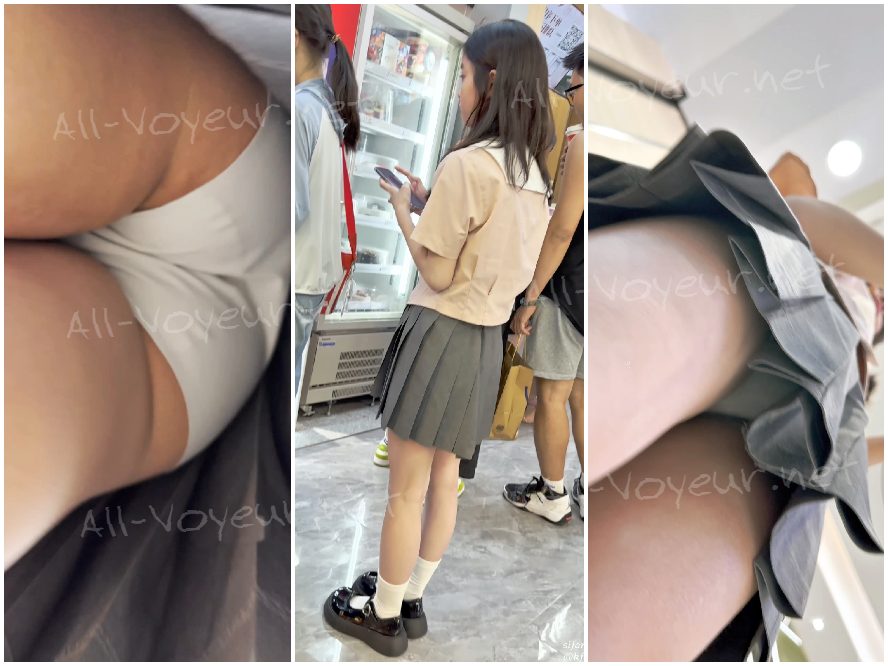 大きな瞳の制服姿の女子高生が一人でアイスクリームを買いに買い物に行く。シームレス下着姿でビフォーアフター写真を撮影している。