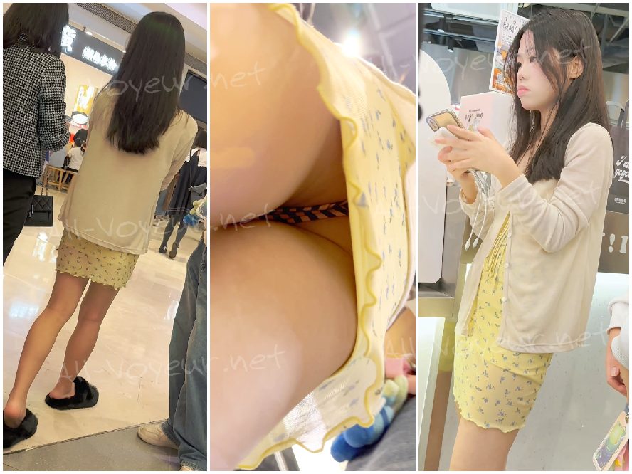 ショッピング中のJK制服女子高生。スマホに夢中。グレーのストッキング、白い下着、CD。