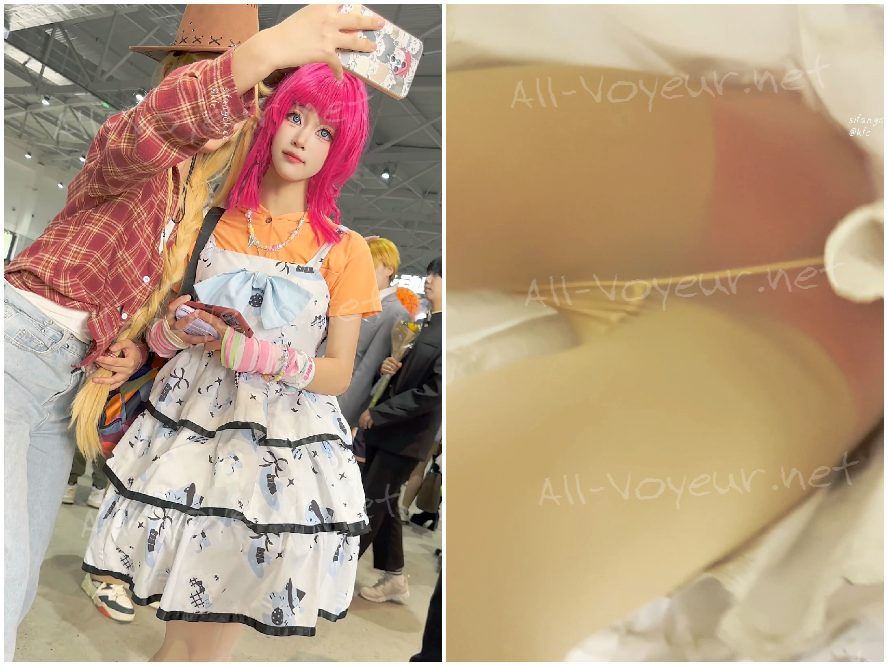 ロングスカートをはいた女子高生がデザートを買いに出かけます。彼女の白い下着は形の良いお尻に押し込まれています（超鮮明画像）。