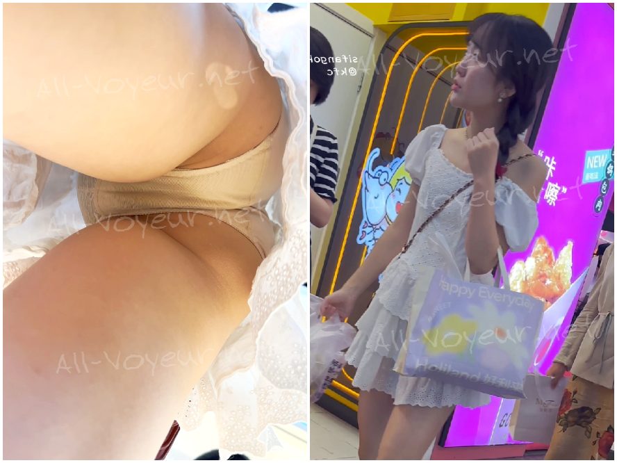 ロングスカートをはいた女子高生がデザートを買いに出かけます。彼女の白い下着は形の良いお尻に押し込まれています（超鮮明画像）。