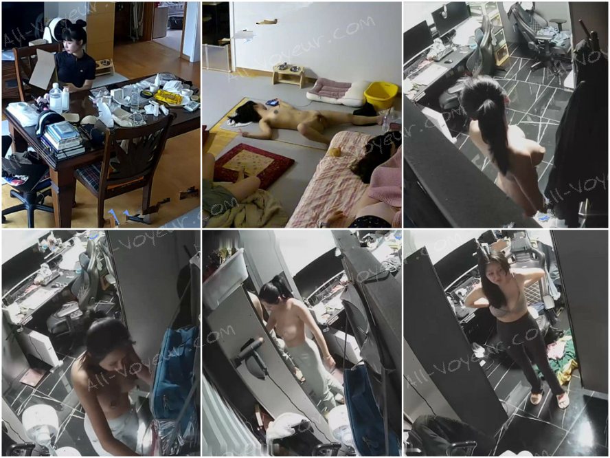 【ハッキングされたカメラ】家庭用カメラ3台、巨乳美女が着替える様子（アダルトコンテンツ）
