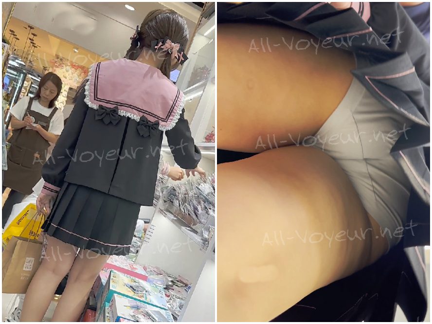 [KFC] JK制服の可愛い女の子と親友がお買い物 — キュート＆スウィートスタイル — ライトグレーのショーツ（前後アングル）