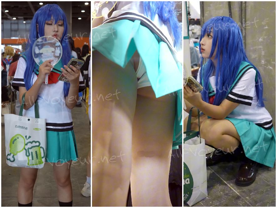 照橋心美は、何かを拾うためにかがんだり、下着をカメラのレンズに押し付けて半分しゃがんだりする、かわいい女の子のコスプレをしています。