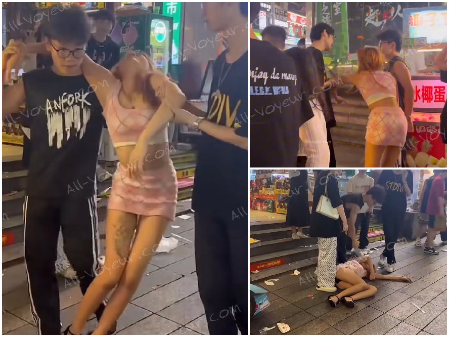 長沙の路上で、泥酔した美女が車に支えられて乗り込む際、終始下着が見えてしまっていた。