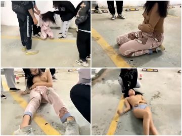 校内暴力事件❤️不良グループが地下駐車場で女子生徒をいじめ、服をすべて剥ぎ取った上、数人の男子生徒が彼女の胸を触ろうとした