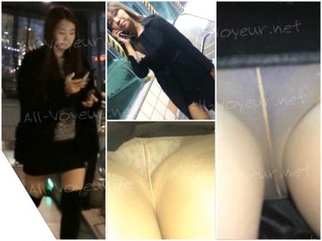 女神級の客室乗務員をストーキングし、スカートの中をこっそり撮影して胸の谷間を露わにする